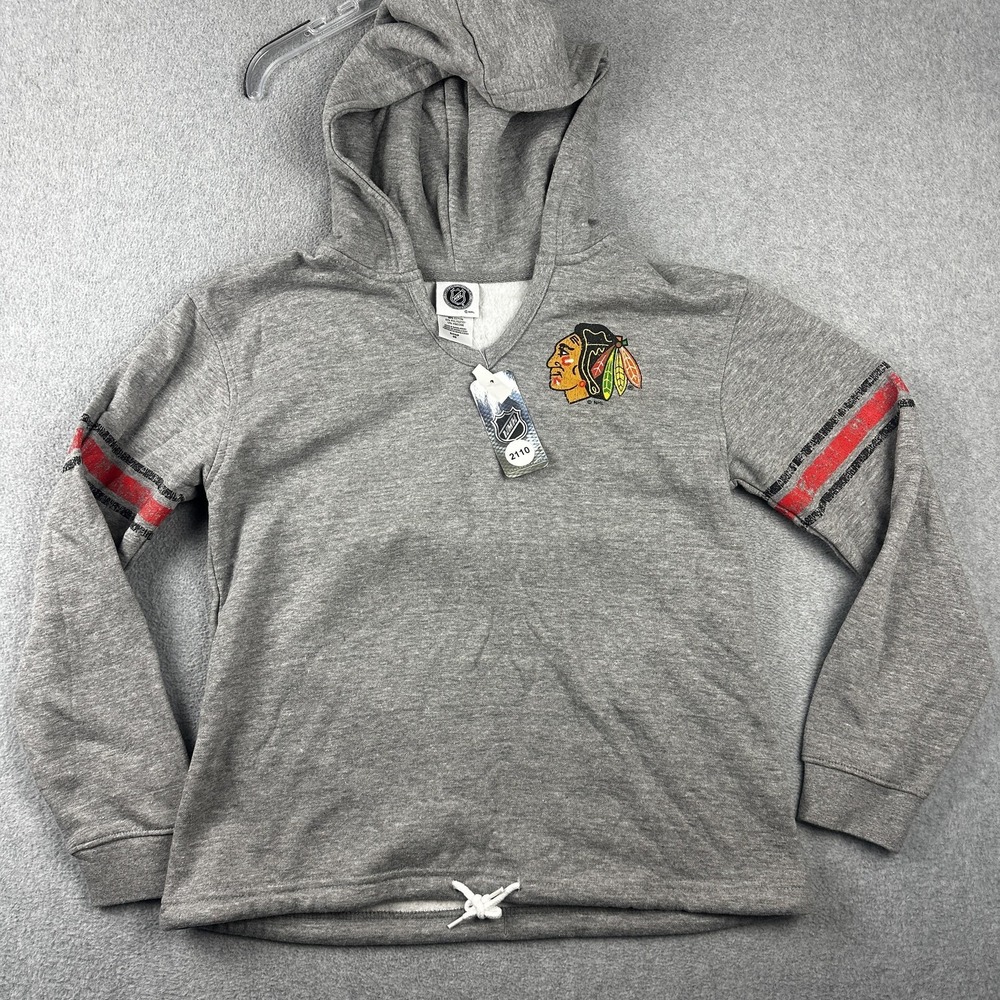 Chicago Blackhawks Hoodie Womens Small 4/6 Gray NHL Hockey Striped Sleeve Youth